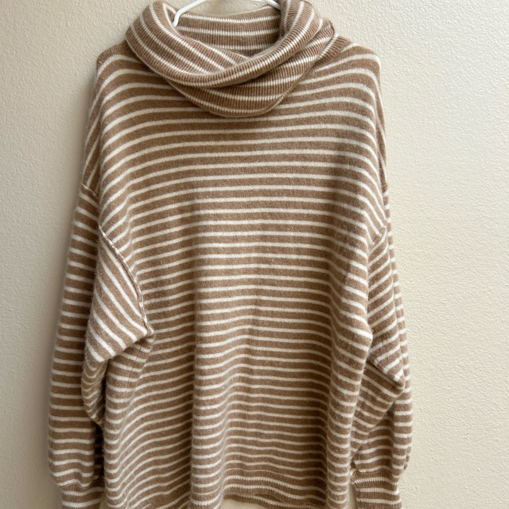 Free People Striped Oversized Cowl Neck Sweater - Size Large, Tan/White